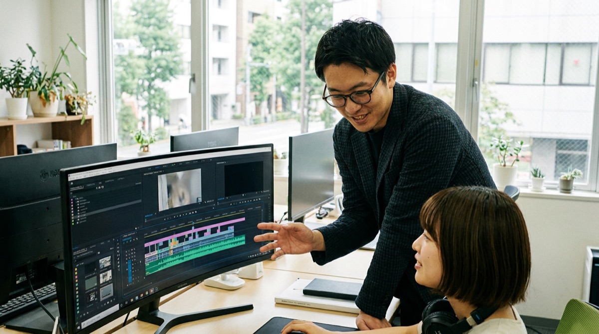 編集ソフトの画面を見ながら打ち合わせするスタッフ