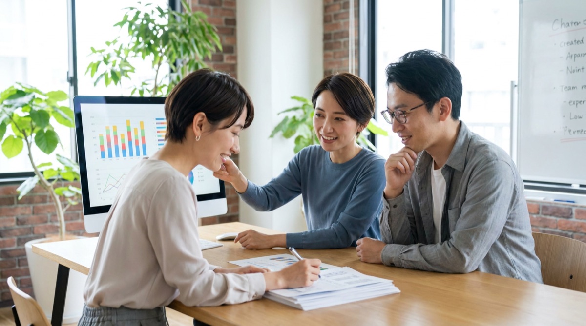 グラフ資料を見ながら打ち合わせする3人