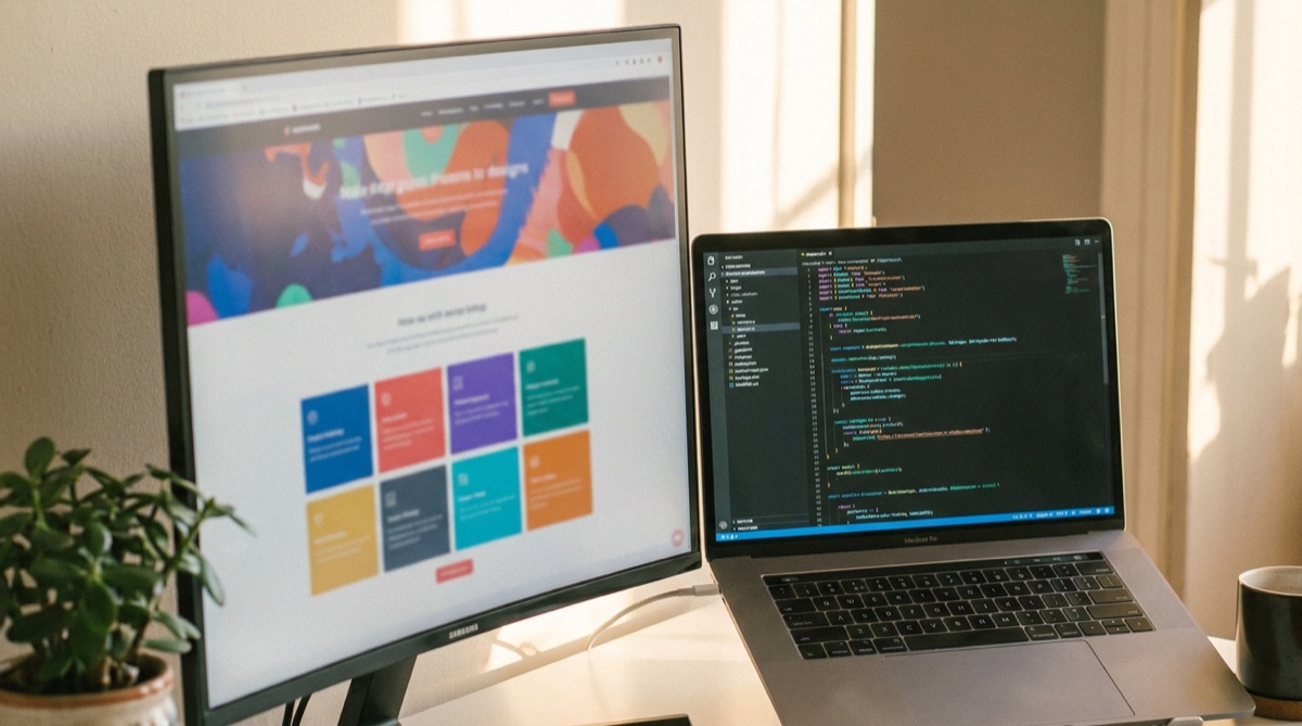 Webサイトの画面とコードを並べて表示したデスク